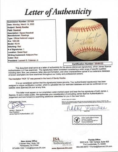 Рядко Санди Куфакс КОПИТО 72 С Автограф ONL Baseball JSA LOA XX49122 - Бейзболни Топки С Автографи