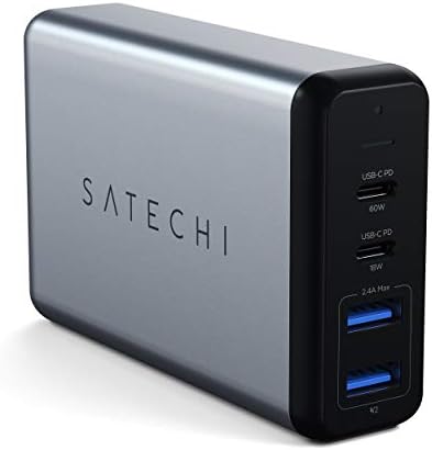 Зарядно устройство Satechi 75W Dual Type C PD за пътуване с 2 USB C PD и 2 USB 3.0 - Съвместим с MacBook Pro 2020/2019, MacBook Air 2020,