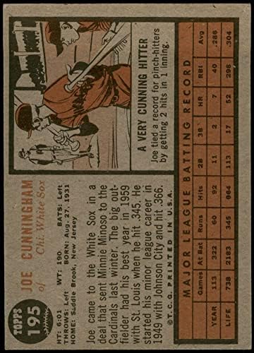 1962 Topps # 195 GRN Джо Кънингам Чикаго Уайт Сокс (Бейзболна картичка) (зелен цвят) VG White Sox