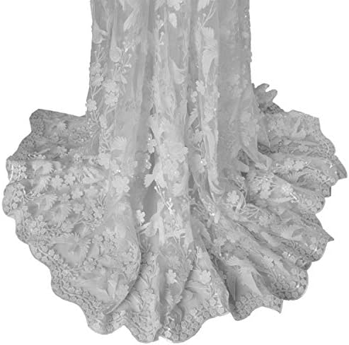 Aisunne Африкански Дантелени Тъкани 5 Ярда Нигерийская Френска Лейси Плат-Бял цвят с 3D Цветен Модел и Пайети за Сватбени Рокли (White A)
