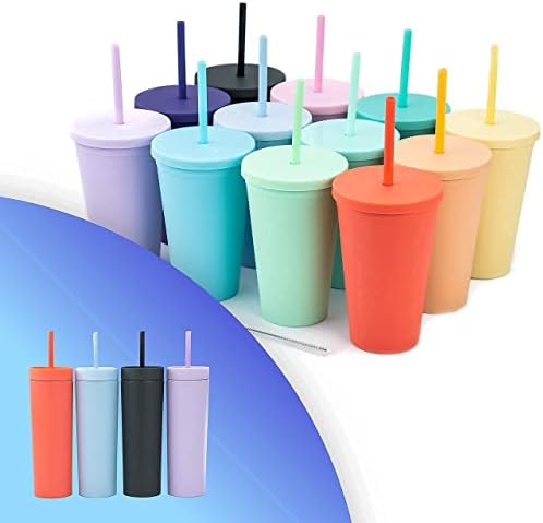 ПАКЕТЧЕ ПЛАСТОВЕ ЧАШИ! Тънки чаши (4 опаковки) И Класически чаши, 16-унция (12 пакети) Матови акрилни чаши пастельного на цвят, с капак и соломинками