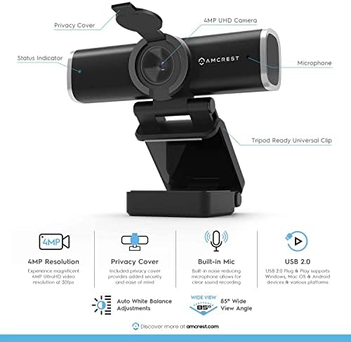 Amcrest 4-Мегапикселова уеб камера с микрофон и защитен калъф, уеб камера, USB, Компютърна уеб камера за стрийминг на HD за настолни