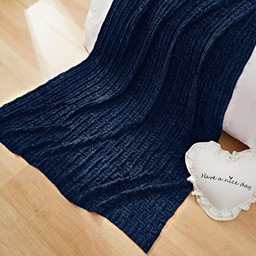 RUDONG M Тъмно Синьо Синелевое Вязаное одеяло, Уютни и Меки плетени калъф за Одеяло, Топло Синелевое Вязаное одеяло за всички сезони,