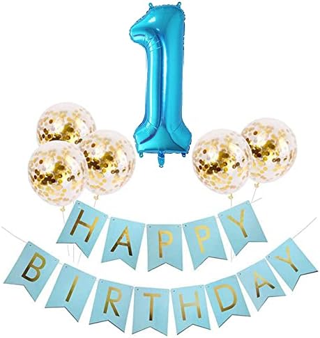 Балон Tellpet Blue Номер 1 + Банер С Балони Happy Birthday С 5 бр. Златни Конфети, Балони, Украса, честит Рожден Ден