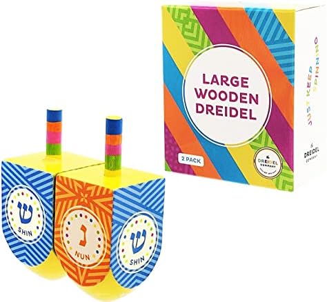 Нека играем една игра на Дрейдель Ханукальная игра на 2 Разноцветни Много Големи дървени Дрейделя ръчно рисувани... (Стил 1, опаковка от 2 броя)