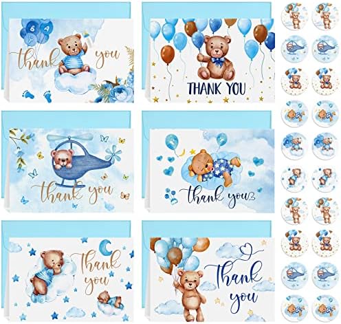 Tudomro 24 Опаковки Мечи Благодарственных картички за бебе душ с Конвертами и стикери, Набор от Сини Детски Благодарственных Бележки,