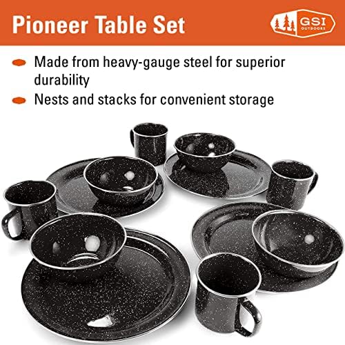 Комплект за походного масата GSI Открито за 4 човека включва Емайлирани чинии Pioneer, купички и чаши за кафе за къмпинг, на открито,