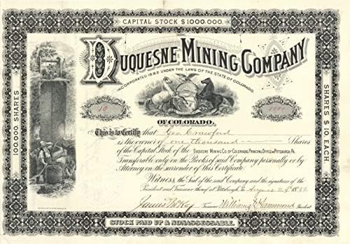 Duquesne Mining Co. - Склад за сертификат