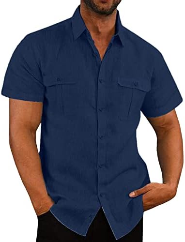 Мъжки Памучни Ленени Ризи BEUU, Лятна Тениска с Къс Ръкав Копчета и Двоен джоб за Свободен Cut, Свободни Плажни Върховете